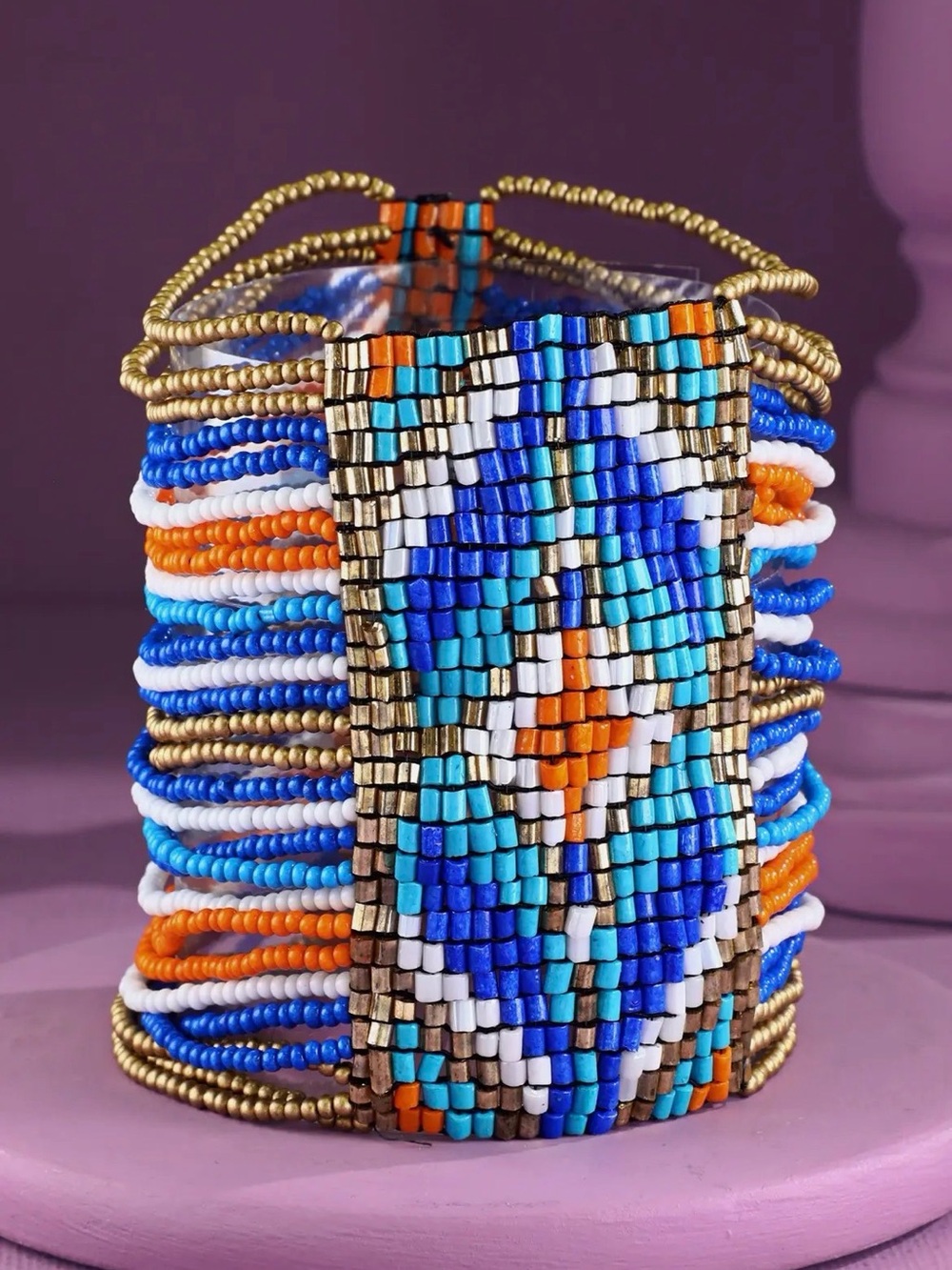Handcrafted Blue & Orange Beaded Cuff Bracelet - Women Jewelry